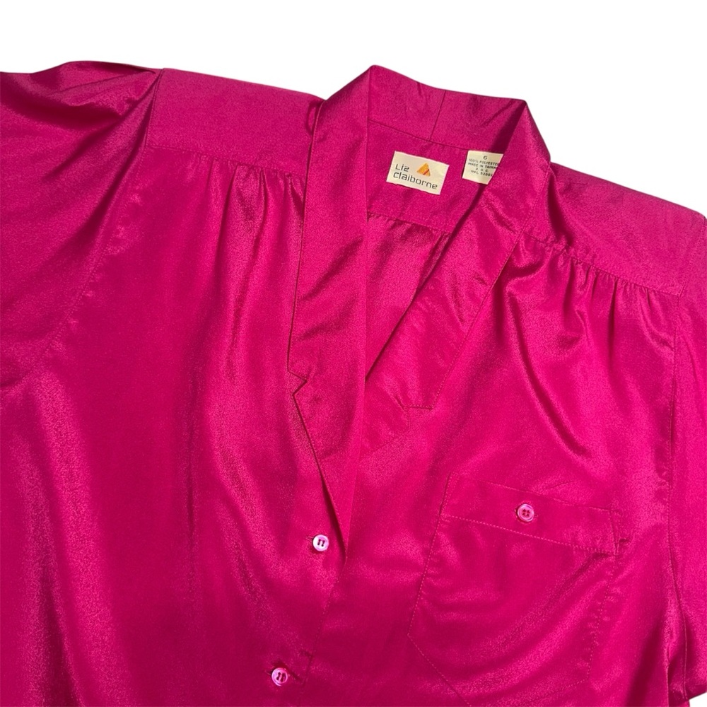 Vintage Liz Claiborne Fuchsia Satin Blouse Long Sleeve Button Up V-neck Size 6